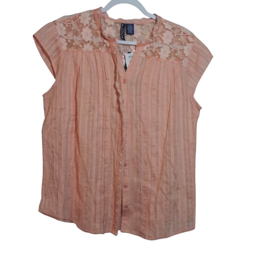 Architect Peach Lace Detail Button Front Cotton Short Sleeve Women's Top Sz 1X